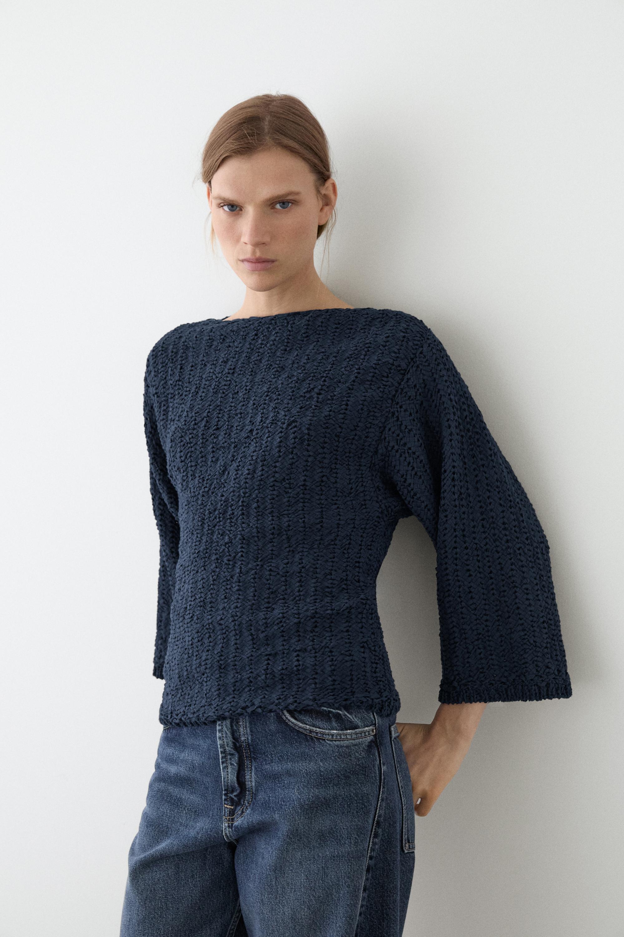 Textured cotton blend knit sweater
